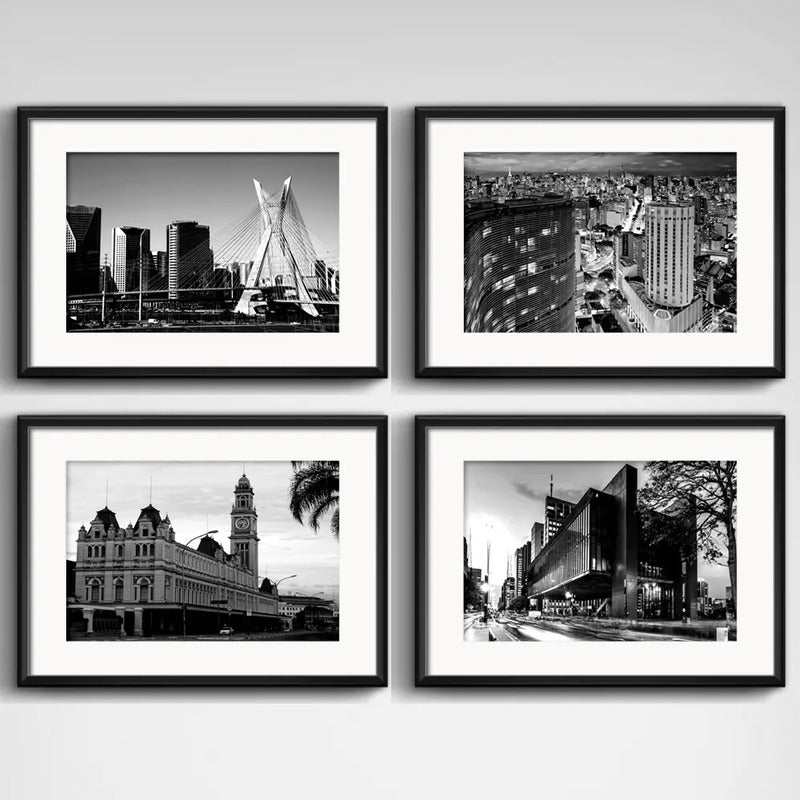 Set 4 Cuadros Sao Paulo Blanco Y Negro Ciudad Con Paspartu