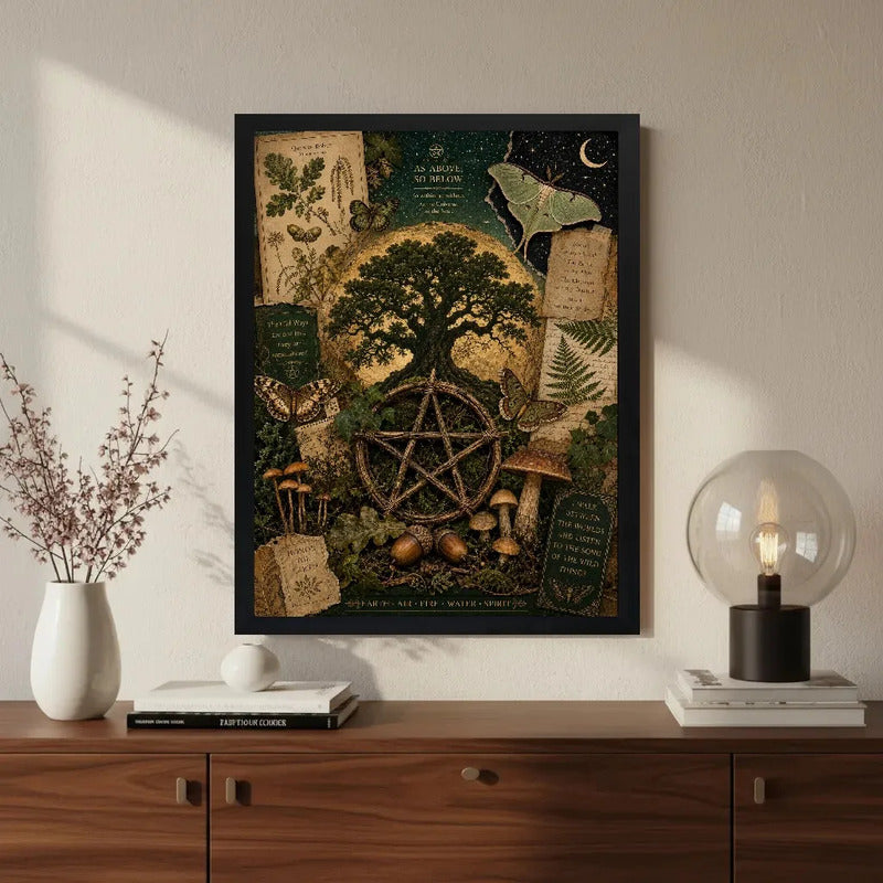 Cuadro Wicca Elementos De La Naturaleza Arbol Arte Vintage Marco Negro