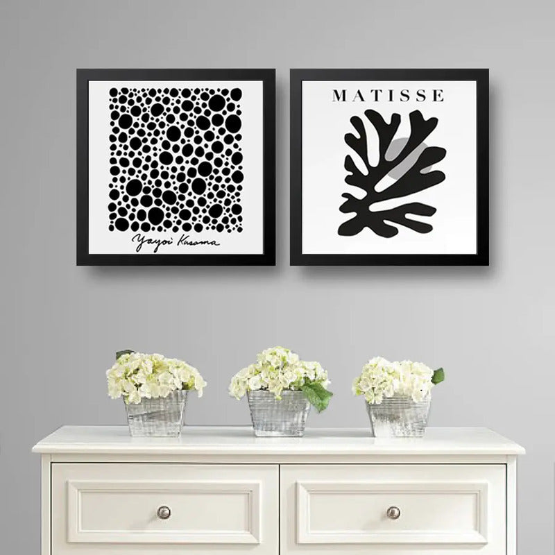 Set 2 Cuadros Yayoi Kusama Matisse Blanco Y Negro 33x33cm Marco Negro