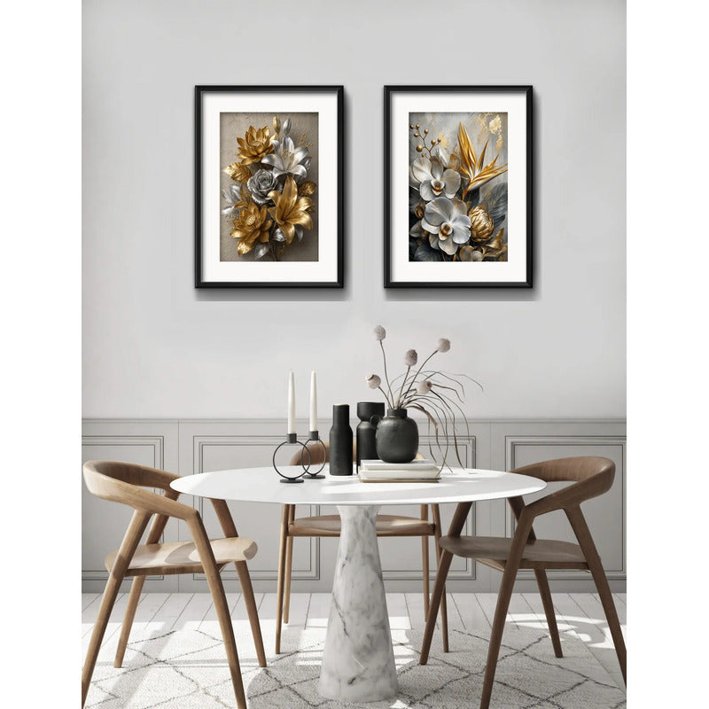 Set 2 Cuadros Flores Tonos Dorados Plateados B2 Con Paspartú 53x43cm Cada Cuadro Negro