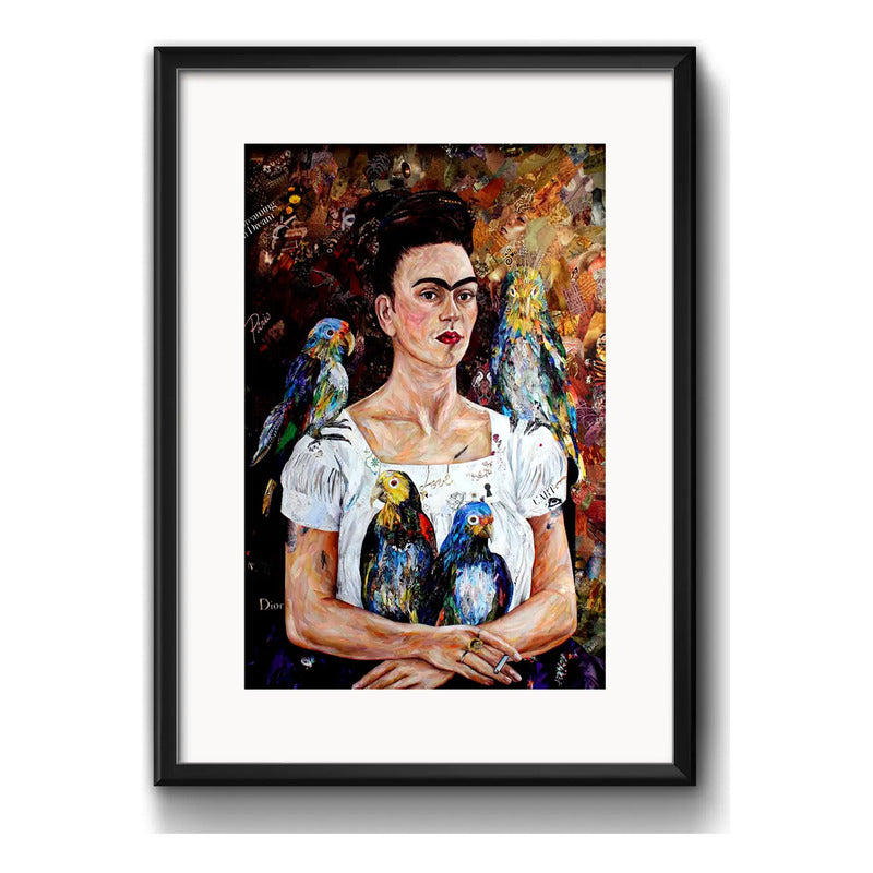 Cuadro Frida Kahlo Pajaros Arte Decoracion Con Paspartu Marco Negro