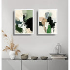 Set 2 Cuadros Dormitorio Living Abstracto Mossy Calm 2 Verde Marco Blanco