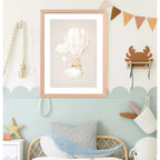 Cuadro Dormitorio Infantil Bebe Niño Oso Conejo Estrela Luna Oso Globo Volador Marco Madera Oak