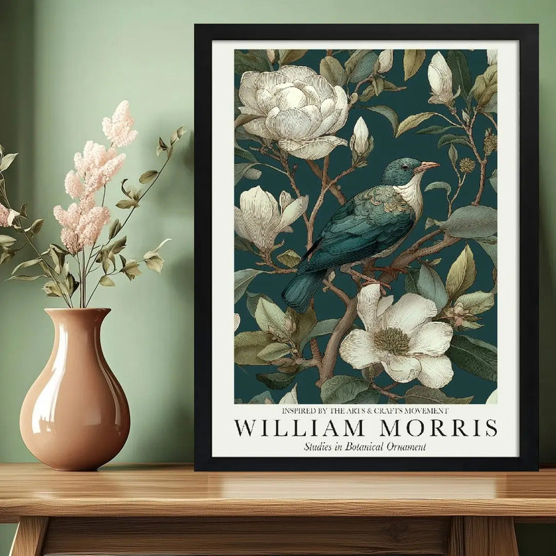 Cuadro Pajaro Botanica William Morris Flores Art & Crafts Pájaro Magnolias Botanica 2 Marco Negro