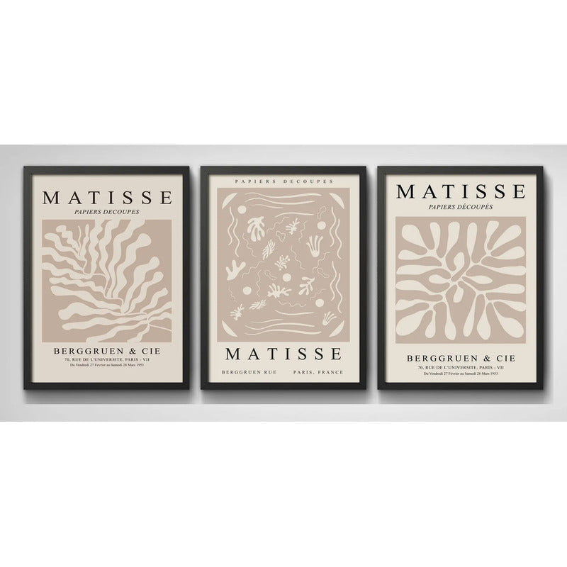 Set 3 Cuadros Dormitorio Living Matisse Tonos Beige Pastel Marco Negro