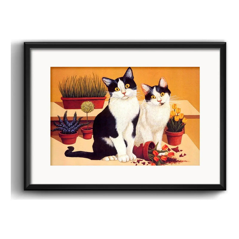 Cuadro Gatos Maceta Flores Mascota Decoracion Con Paspartú Marco Negro