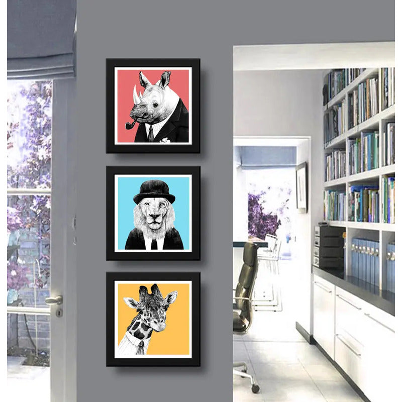 Set 3 Cuadros León Jirafa Rinoceronte Hispter Pop Art Decor