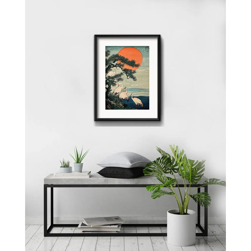 Cuadro Japonés Woodblock Grulla Arte 53x43cm Con Paspartú Marco Negro