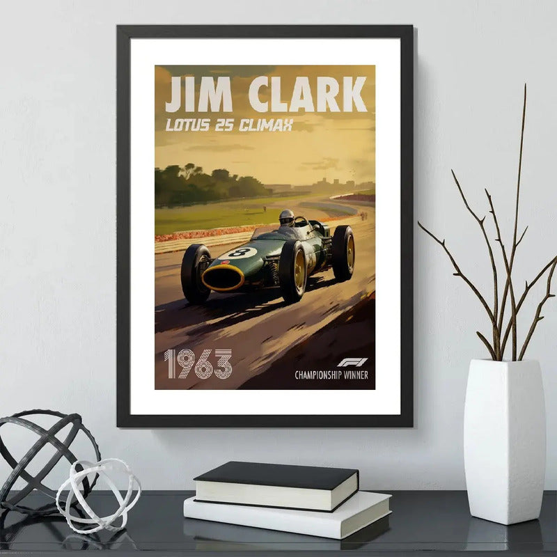 Cuadro Jim Clark Lotus 25 Climax Formula 1 Auto Carrera Arte Marco Negro
