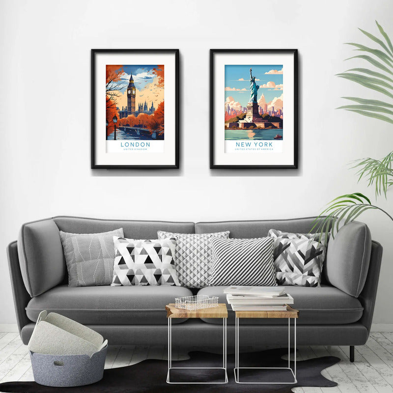 Set 2 Cuadros Londres New York Colores 53x43cm Con Paspartú Marco Negro