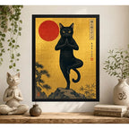 Cuadro Gato Negro Haciendo Yoga Arte Japones Meditacion Zen Marco Negro
