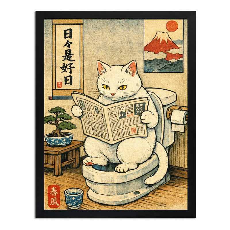 Cuadro Gato Blanco Bano Bonsai Arbol Japón Monte Fuji Arte Marco Negro