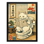 Cuadro Gato Blanco Bano Bonsai Arbol Japón Monte Fuji Arte Marco Negro