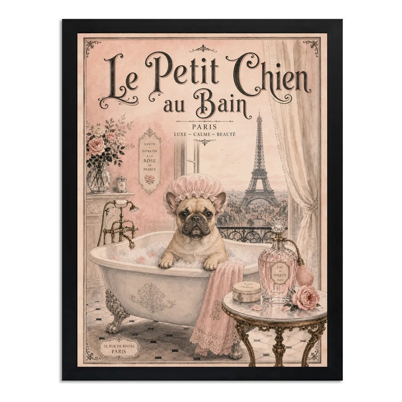 Cuadro Bano Bulldog Frances Banera Perro Paris Retro Arte Marco Negro