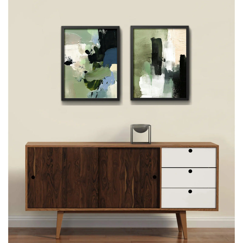 Set 2 Cuadros Dormitorio Living Abstracto Mossy Calm Verde Marco Negro