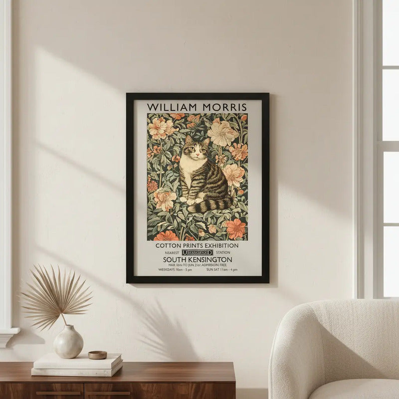 Cuadro Living Dormitorio Gato Flores William Morris Botanico Marco Negro