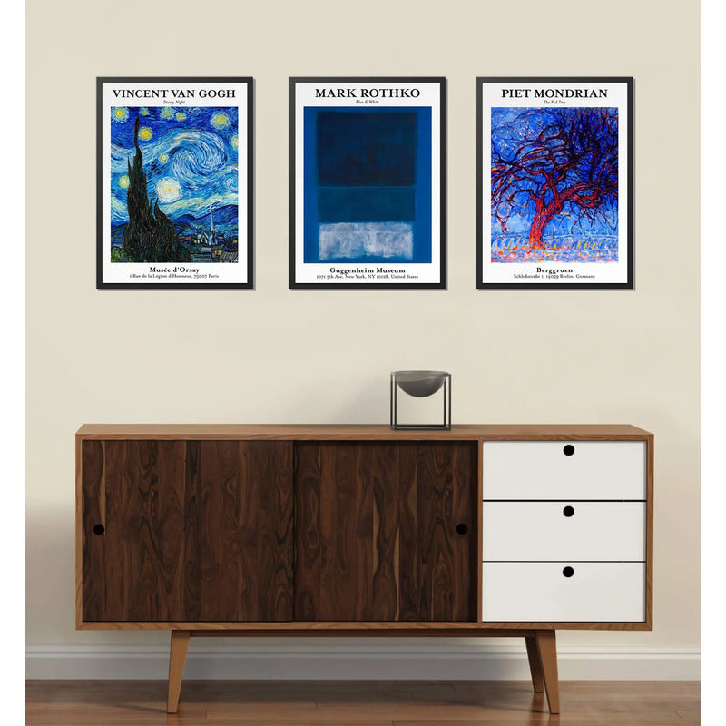 Set 3 Cuadros Van Gogh Mark Rothko Piet Mondrian Arte Azul La Noche Estrellada Blue White El Árbol Rojo Con Marco Negro