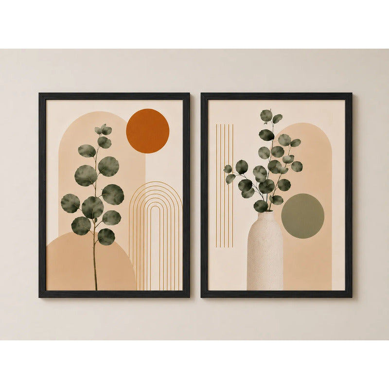 Set 2 Cuadros Living Abstracto Boho Eucalipto Beige Neutro Marco Negro