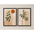 Set 2 Cuadros Living Abstracto Boho Eucalipto Beige Neutro Marco Negro