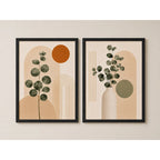 Set 2 Cuadros Living Abstracto Boho Eucalipto Beige Neutro Marco Negro