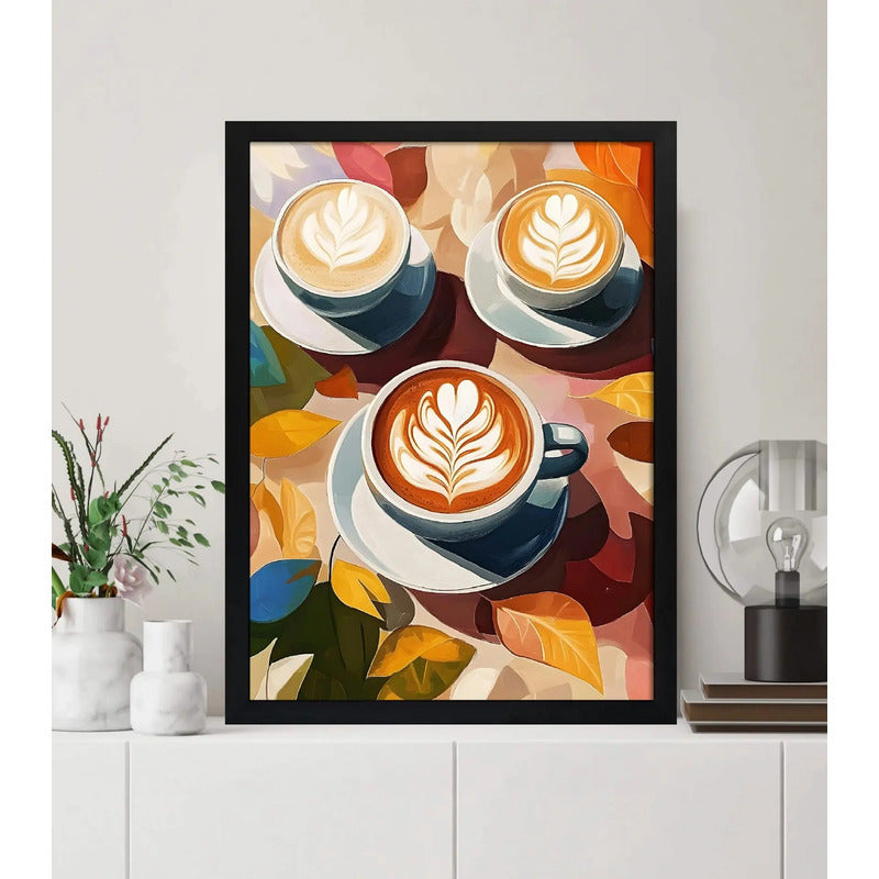 Cuadro Cafés Latte Hojas De Otoño Arte Cocina Decoracion Marco Negro