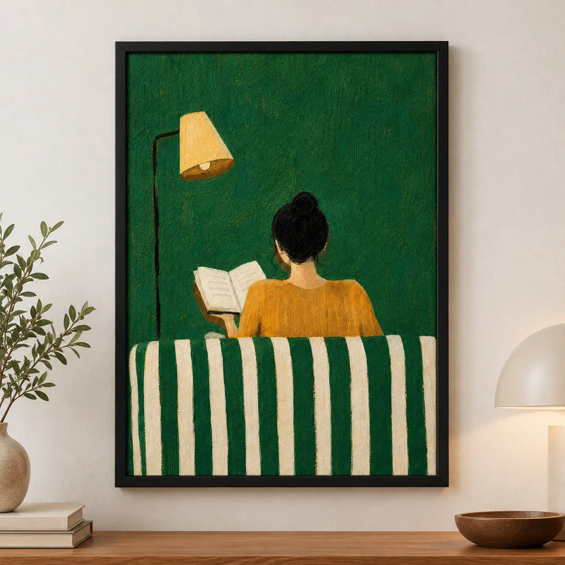 Cuadro Dormitorio Living Niña Leyendo Libro Arte Abstracto Marco Negro