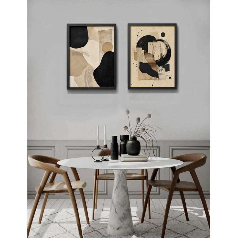 Set 2 Cuadros Living Boho Arte Abstracto Beige Crema 53x43cm Marco Negro