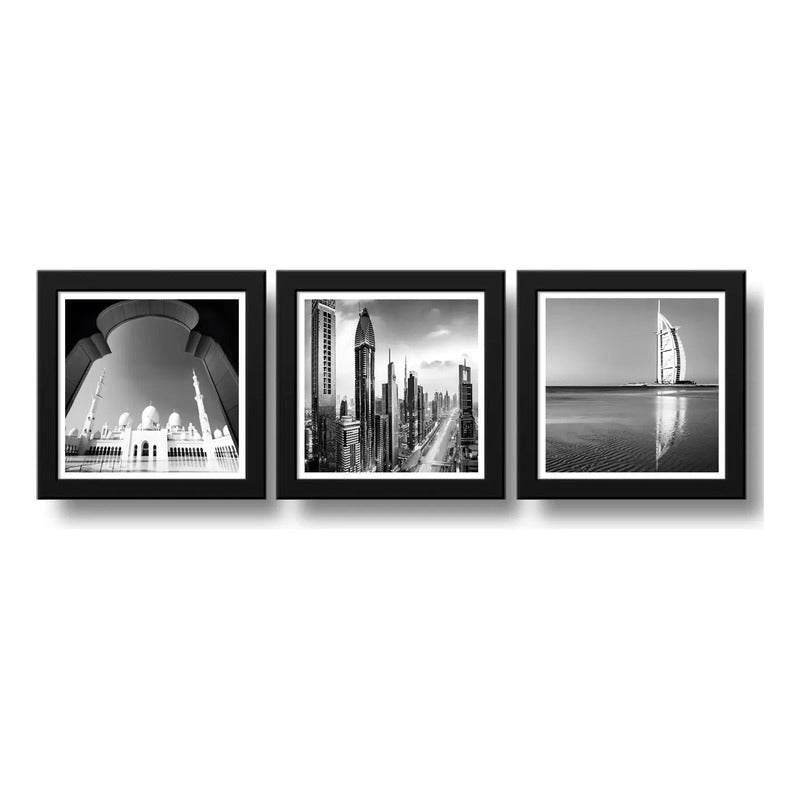 Set 3 Cuadros Dubái Emiratos Arabes Blanco Y Negro Decora