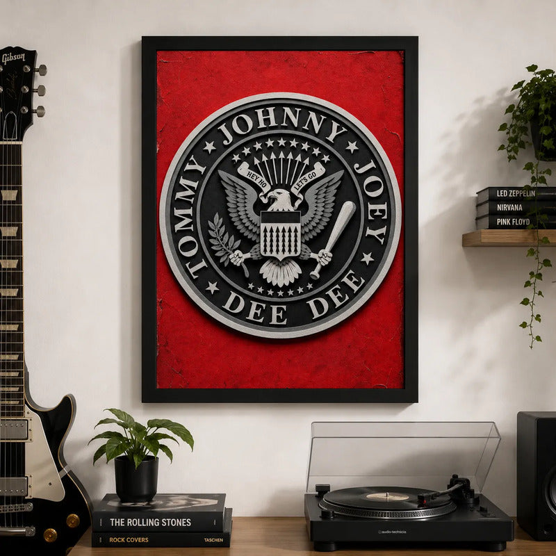 Cuadro Ramones Sello Icónico Efecto 3d Punk Rock Art Vintage Marco Negro