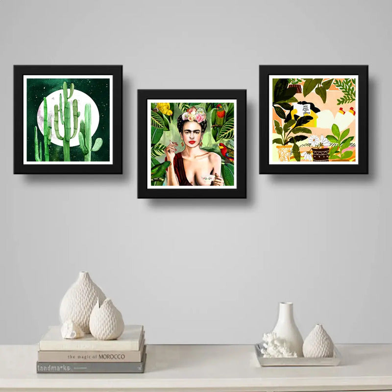 Set 3 Cuadros Frida Naturaleza Cactus Hojas Arte Botanico