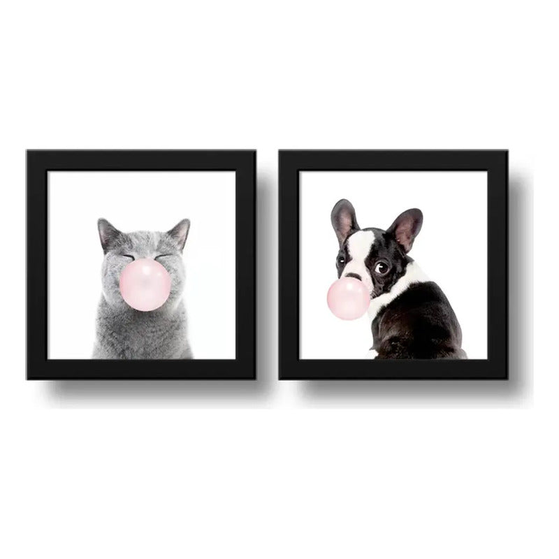 Set 2 Cuadros Perro Gato Chicle Mascota Pet Decoracion Hogar