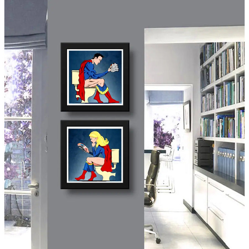 Set 2 Cuadros Superman Supergirl Baño Héroes Comics Decora
