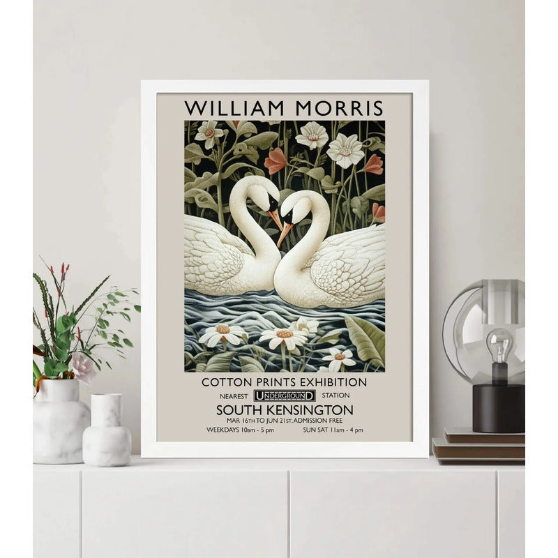 Cuadro Cisnes Amor William Morris Arte Flores Botanico Marco Blanco