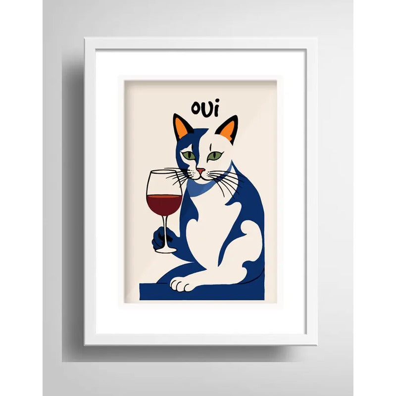 Cuadro Gato Blanco Tomando Vino Bar Decoracion Con Paspartú
