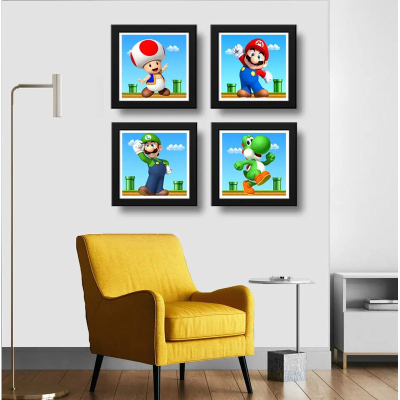 Set 4 Cuadros Mario Bros Luigi Toad Yoshi Game Decoracion Marco Negro