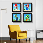 Set 4 Cuadros Mario Bros Luigi Toad Yoshi Game Decoracion Marco Negro