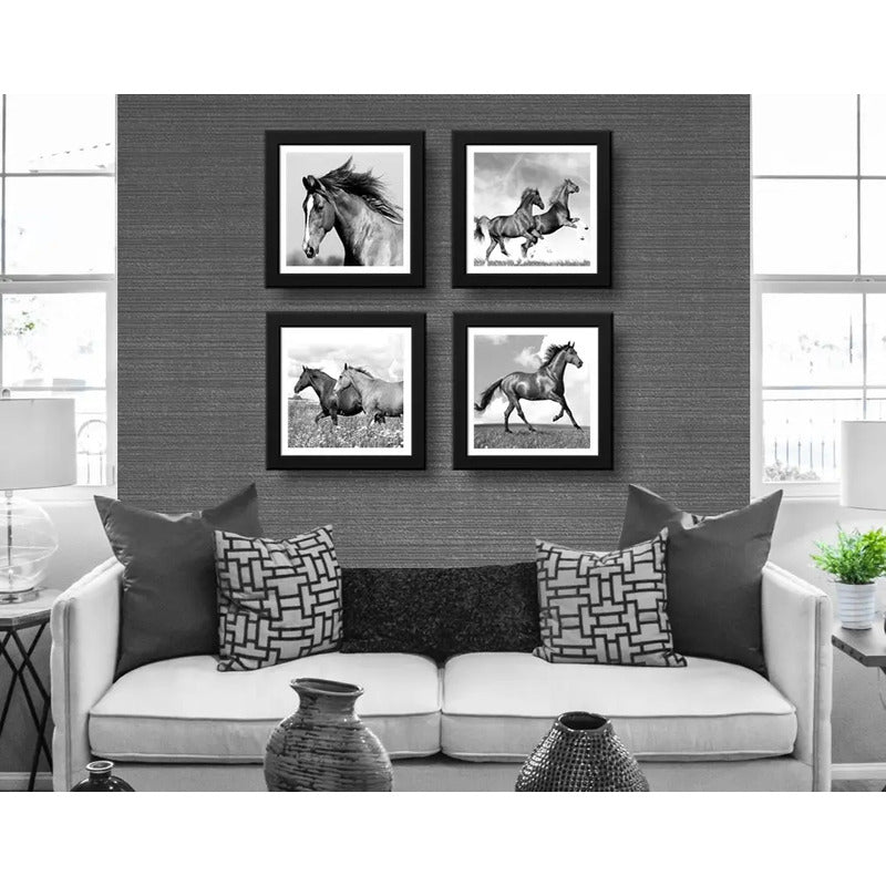 Set 4 Cuadros Caballos Hacienda Granja Decoracion 33x33cm Marco Negro