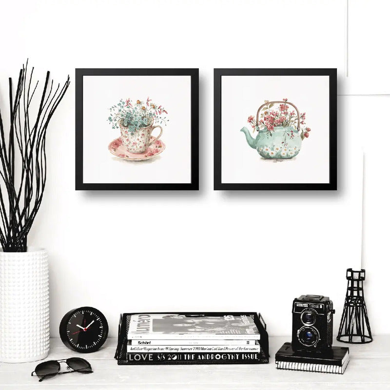 Set 2 Cuadros Taza De Té Con Flores Tetera Botanica Cocina Marco Negro