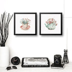 Set 2 Cuadros Taza De Té Con Flores Tetera Botanica Cocina Marco Negro