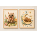 Set 2 Cuadros Infantil Bebe Carpincho Globos Flor Efecto 3d Marco Madera Oak Madera Clara