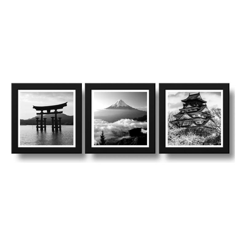 Set 3 Cuadros Japon En Blanco Y Negro Monte Fuji Templo Arte