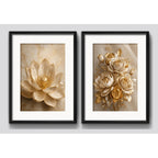 Set 2 Cuadros Flores Loto Rosas Tonos Dorados Con Paspartú 53x43cm Cada Cuadro Negro
