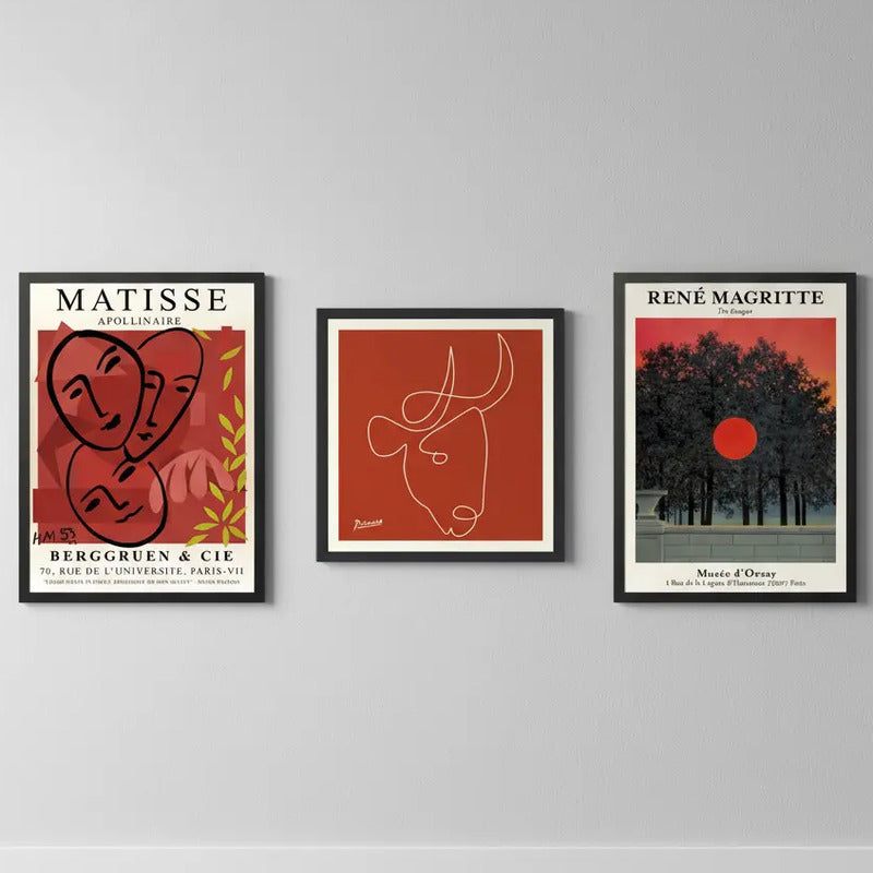 Set 3 Cuadros Para Living Cocina Estudio Tonos Rojos Red Matisse Picasso Magritte Con Marco Negro