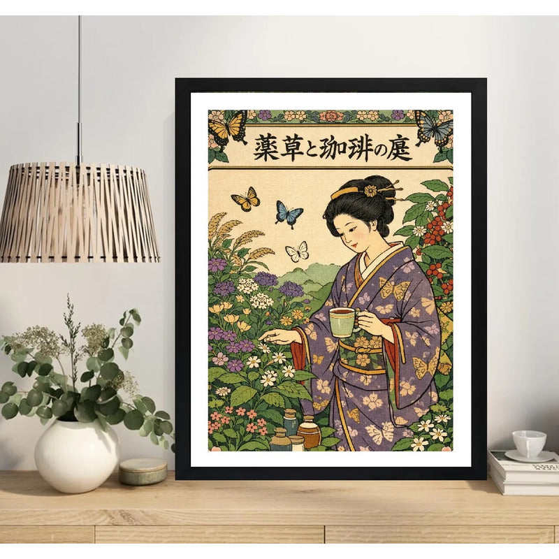 Cuadro Geisha Cafe Jardin De Hierbas Japón Botanico Cocina Marco Negro
