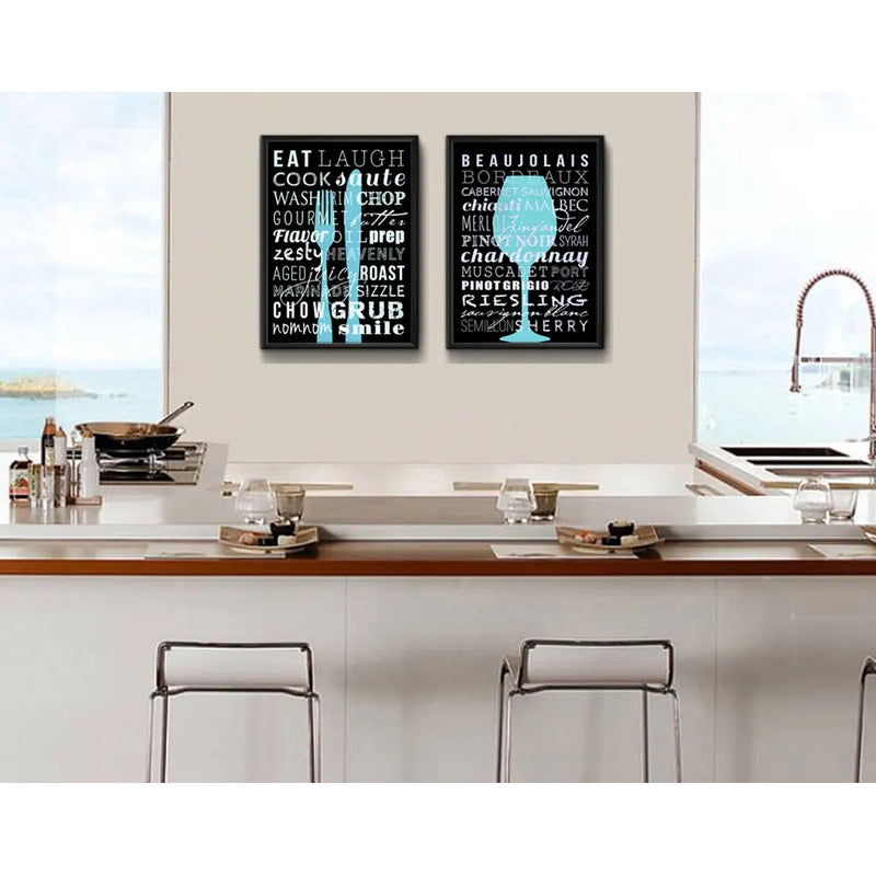 Set 2 Cuadros Cocina Gourmet Azul Vinos Kitchen Decoración