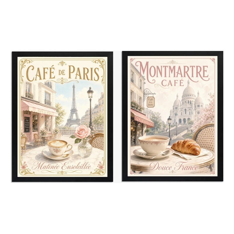 Set 2 Cuadros Café Paris Retro Parisino Decora Cocina Living Marco Negro