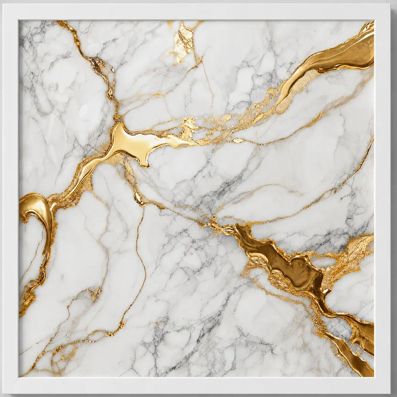 Cuadro Para Decoracion De Bano Mármol Blanco Dorado 33x33cm Marco Blanco