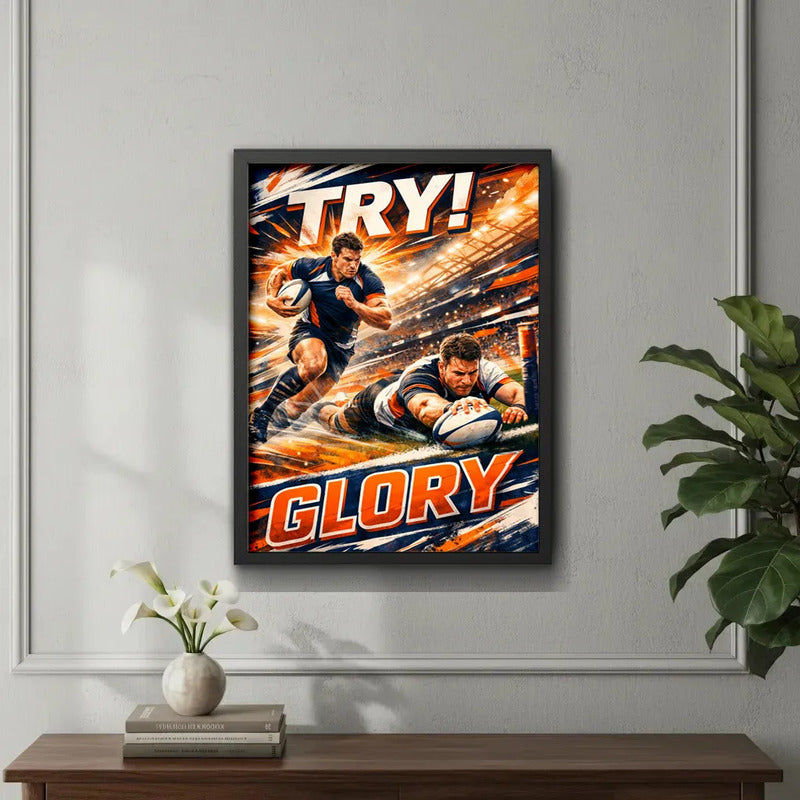 Cuadro Rugby Art Try Glory Jugador Club Deportes Decoracion Marco Negro