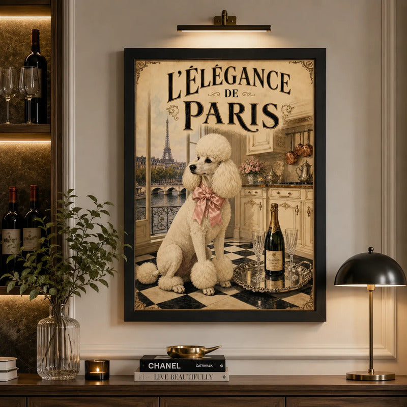 Cuadro Elegace Paris Poodle Perro Champagne Cocina Living Marco Negro