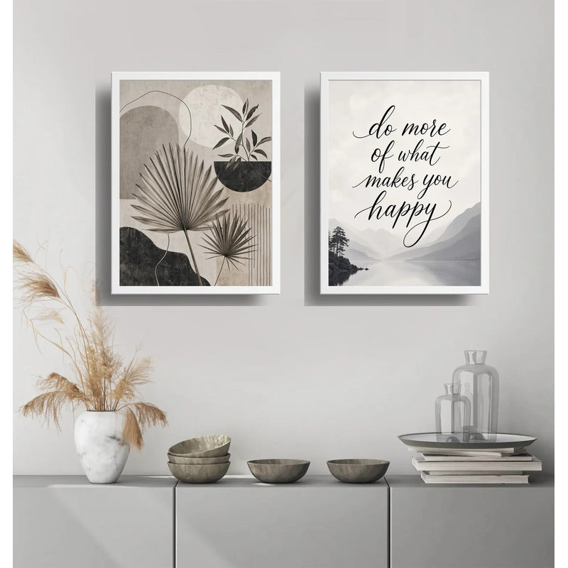 Set 2 Cuadros Living Abstracto Hojas Nórdico Tonos Neutros Marco Blanco